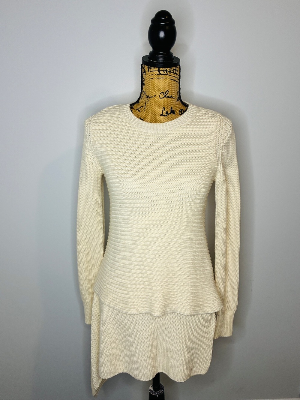 Per se by Carlisle Ivory Cotton Cashmere Blend Asymmetrical Knit Sweater Dress